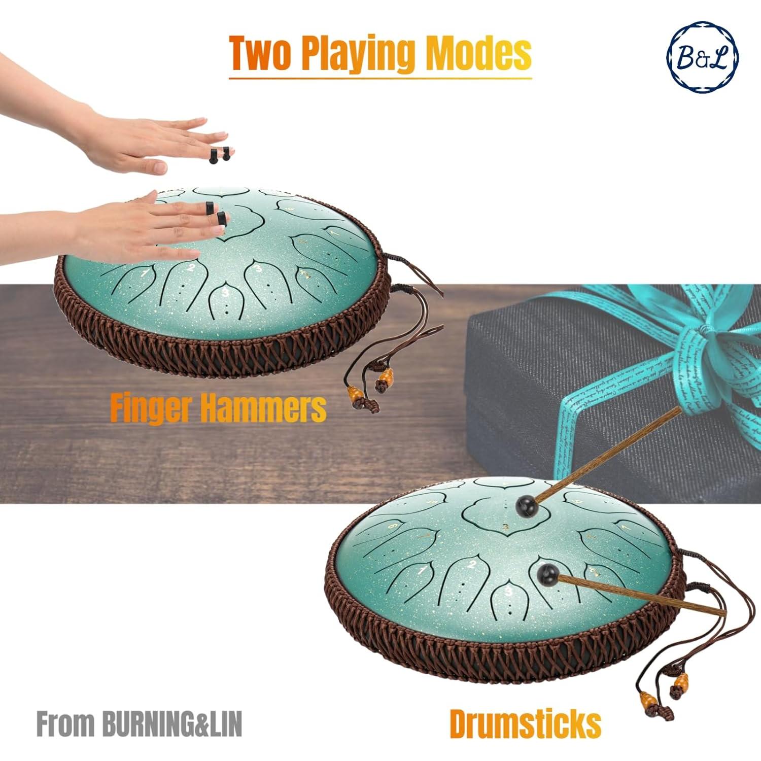 Tambor de Lengua de Acero 35.56 cm 15 Notas BURNING&LIN Verde