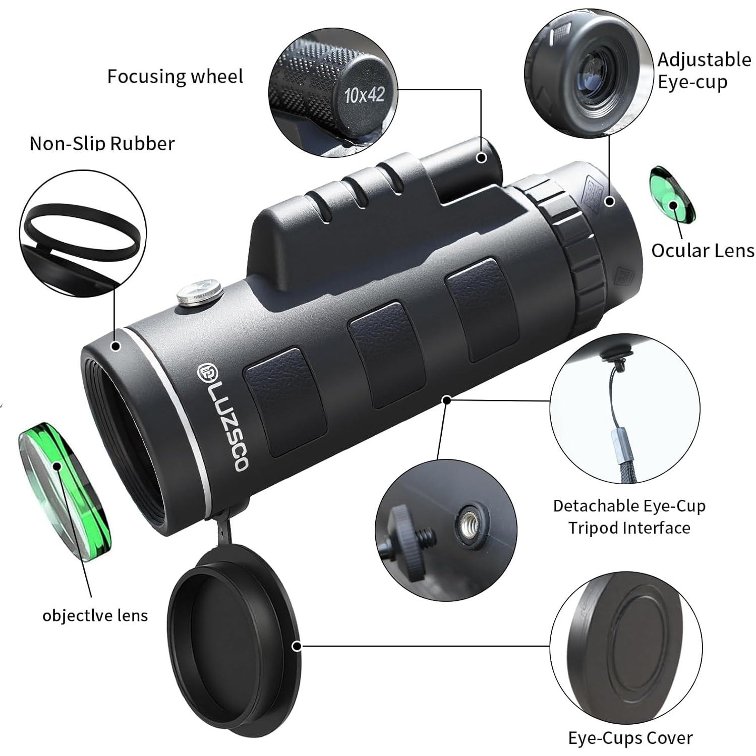 Monocular Compacto Luzsco 10x42 Impermeable con Trípode