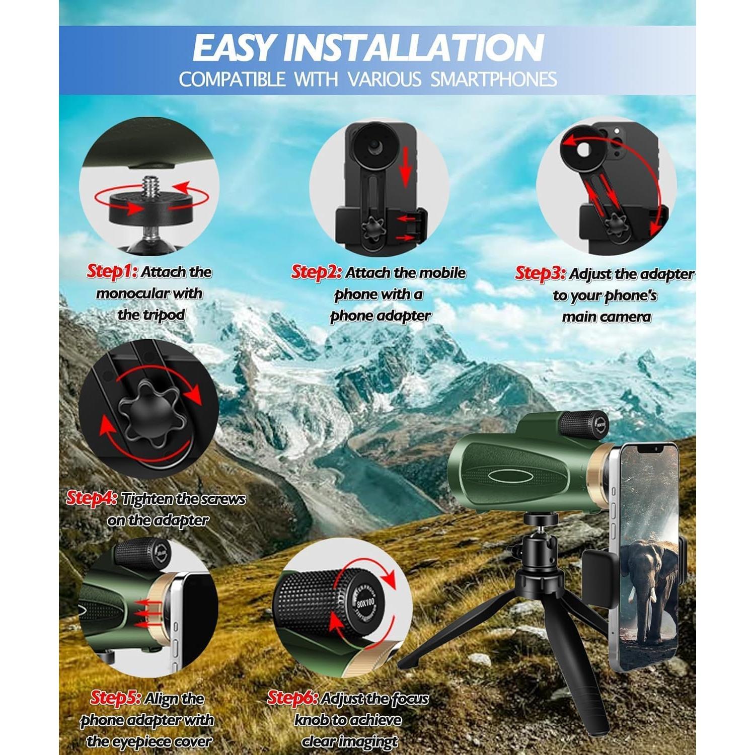 Telescopio Monocular 80x100 HD KTBDING Verde con Trípode