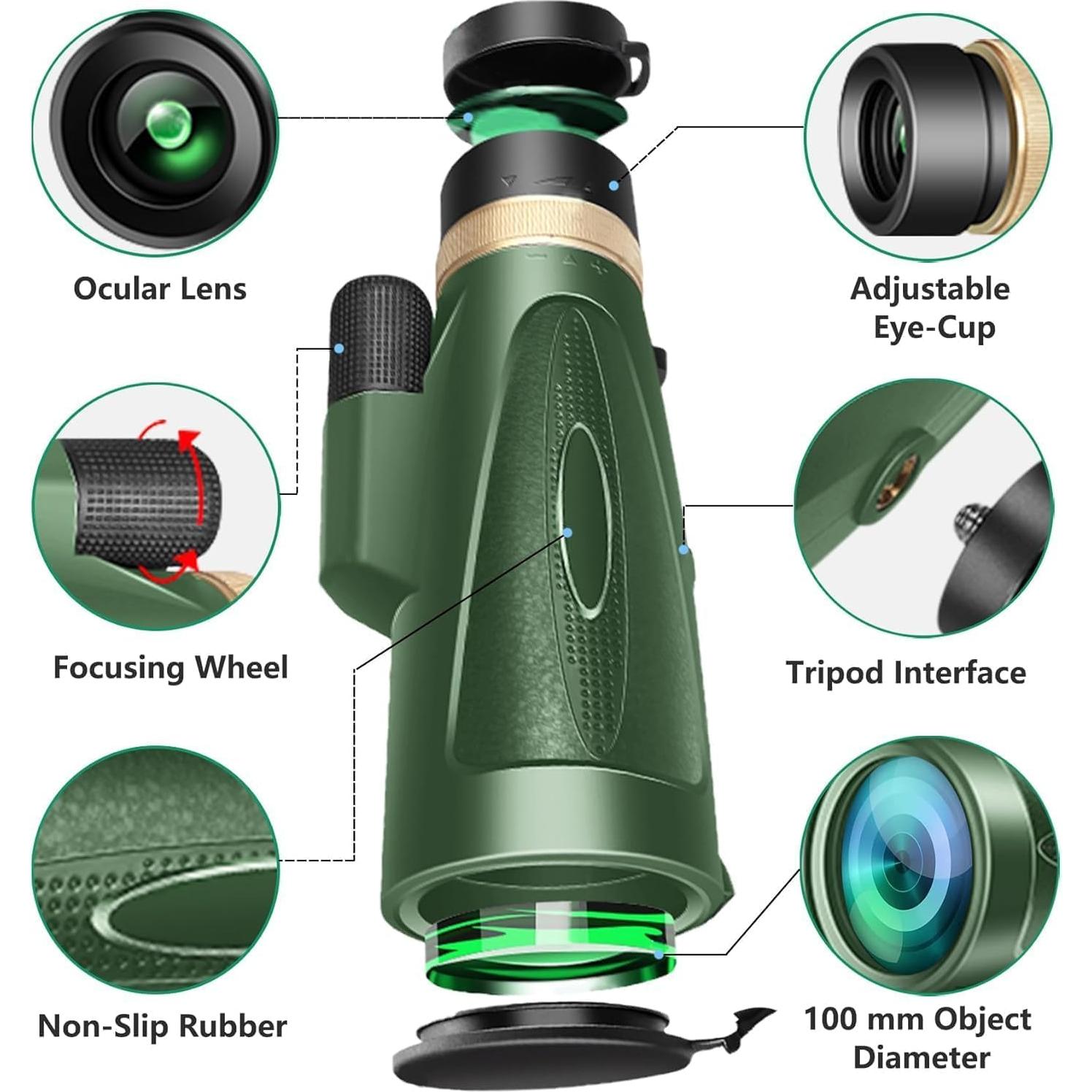 Telescopio Monocular 80x100 HD KTBDING Verde con Trípode