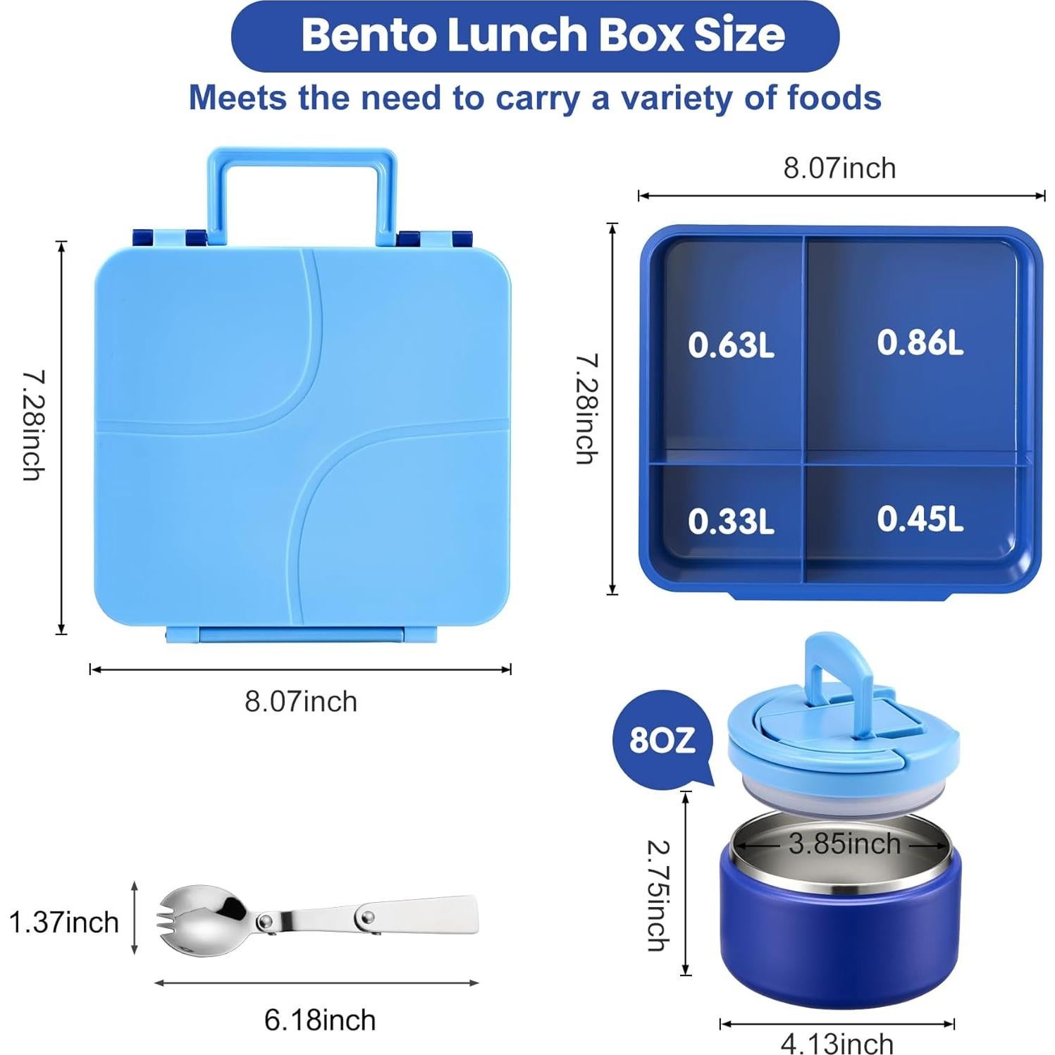 Caja de Almuerzo Bento Howeemo Azul con Termo 236ml 4 Compartimentos