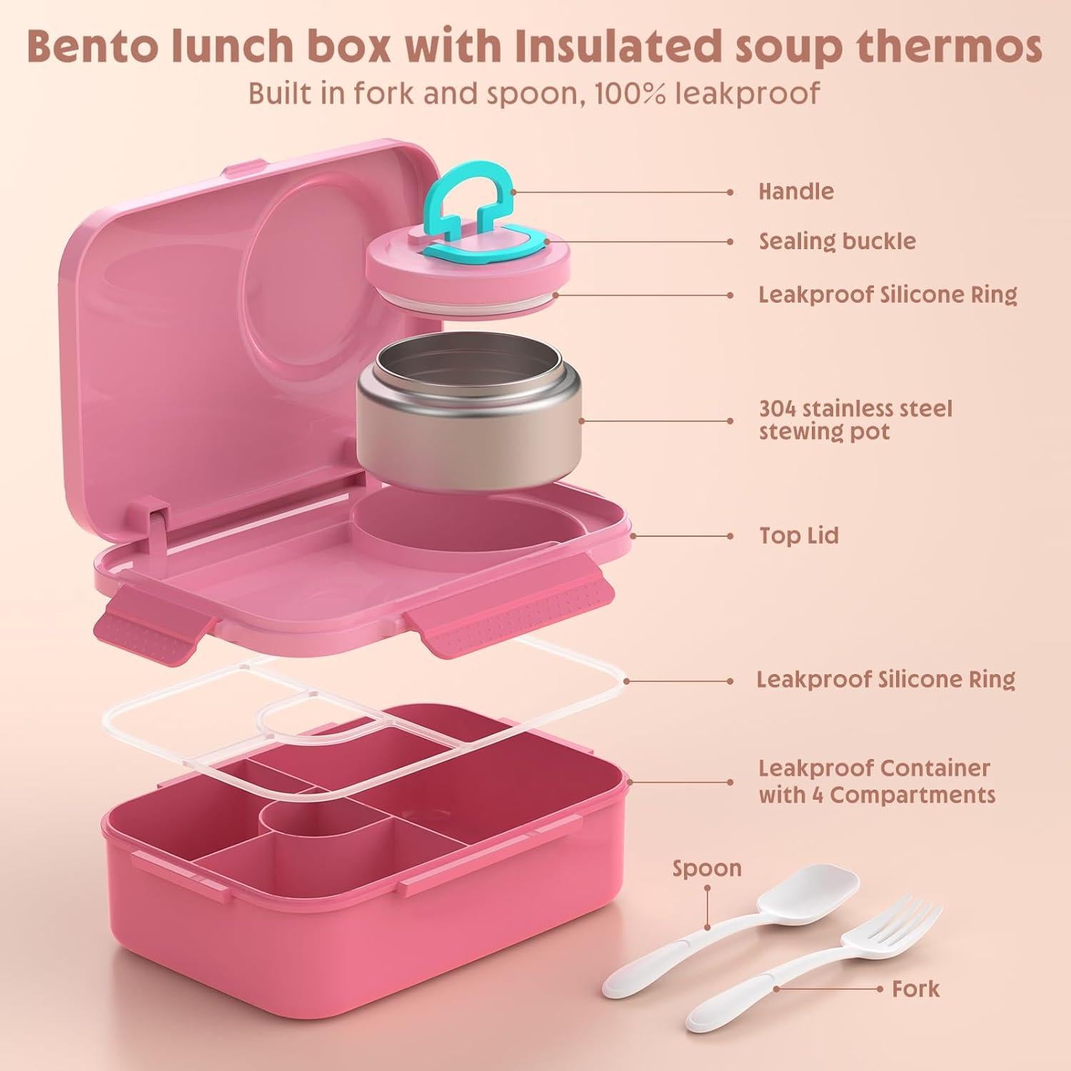 Caja de Almuerzo DaCool para Niños con Termo 1400ml Rosa
