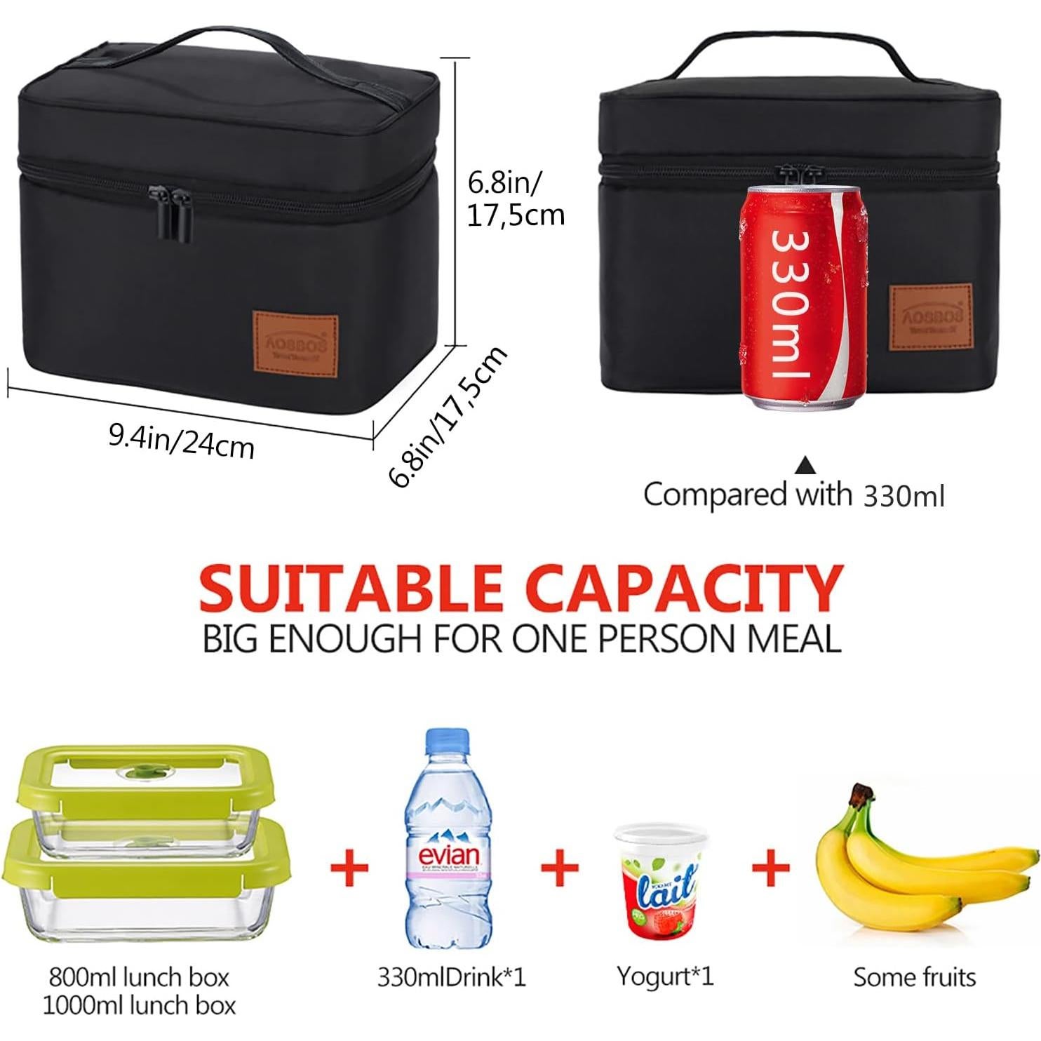 Bolsa de Almuerzo Aislada Aosbos 7.5L Negra para Adultos