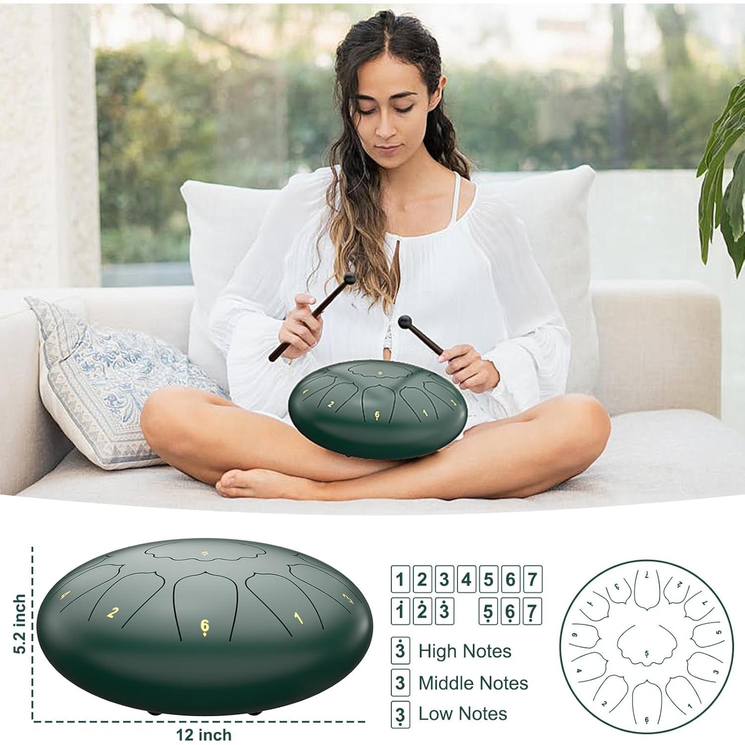 Tambor de Lengua de Acero 12" y 8" Re Mayor con Baquetas