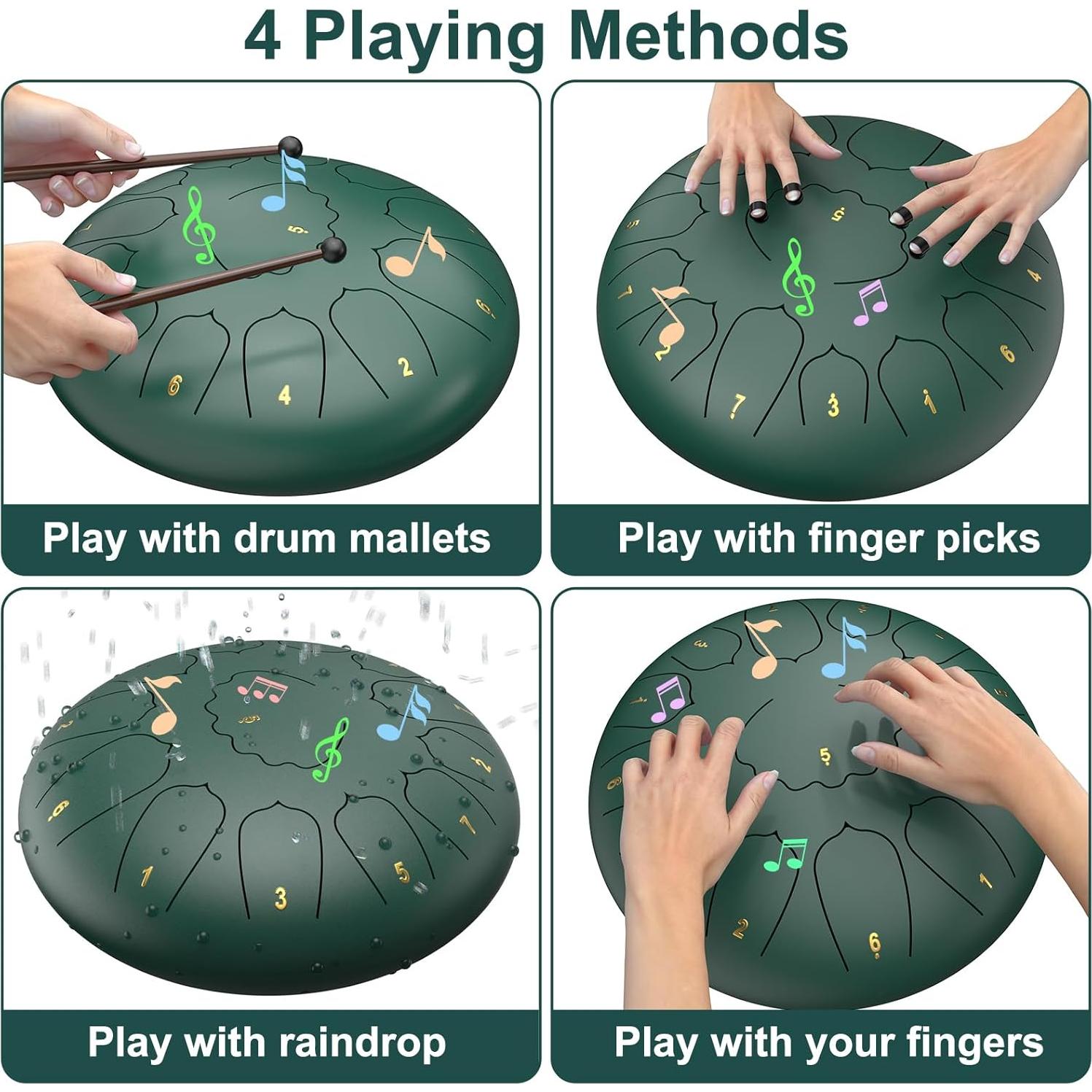 Tambor de Lengua de Acero 12" y 8" Re Mayor con Baquetas