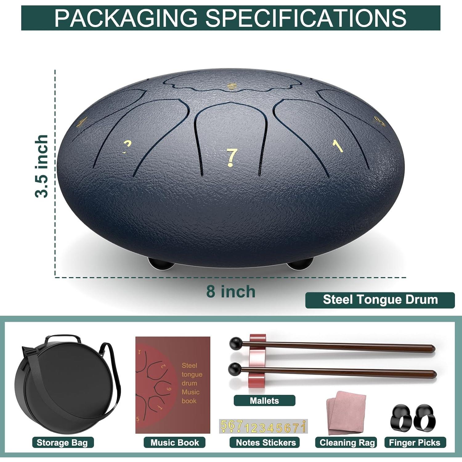 Tambor de Lengua de Acero 12" y 8" Re Mayor con Baquetas