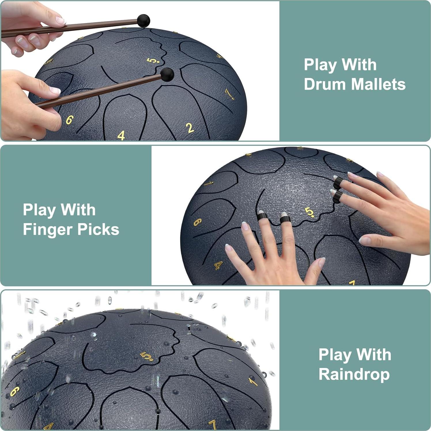 Tambor de Lengua de Acero 12" y 8" Re Mayor con Baquetas