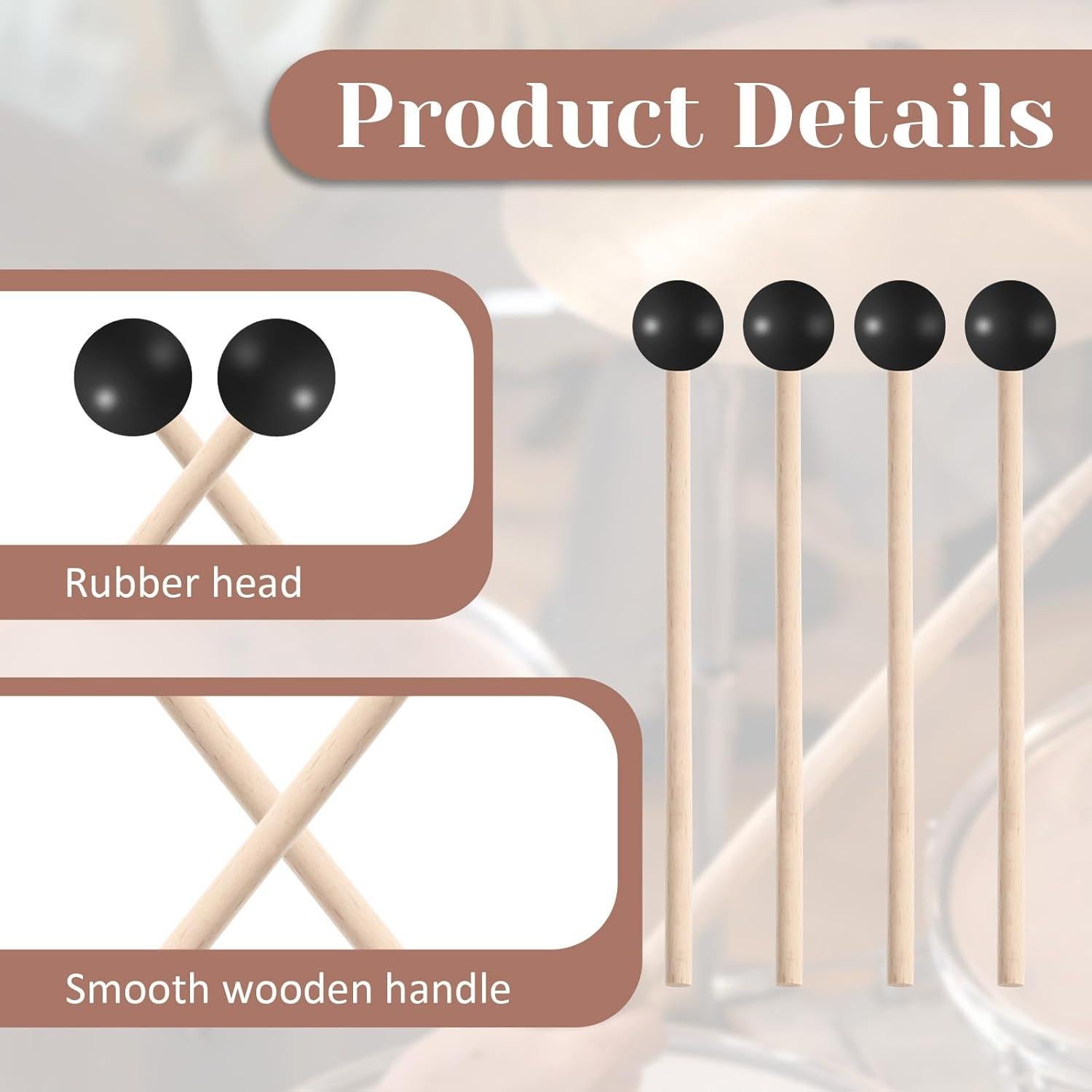 Juego de 4 Martillos de Percusión de Goma y Madera 18.7 cm