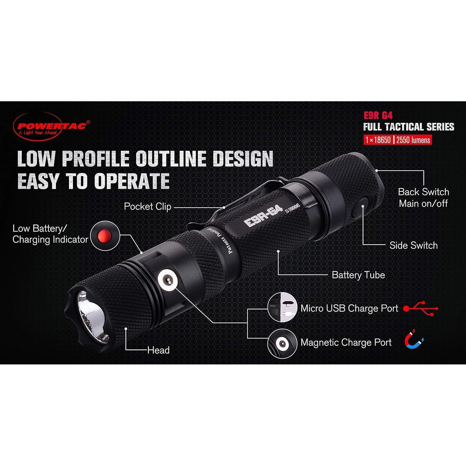 Linterna Táctica PowerTac E9R G4 - 2550 Lúmenes LED Recargable