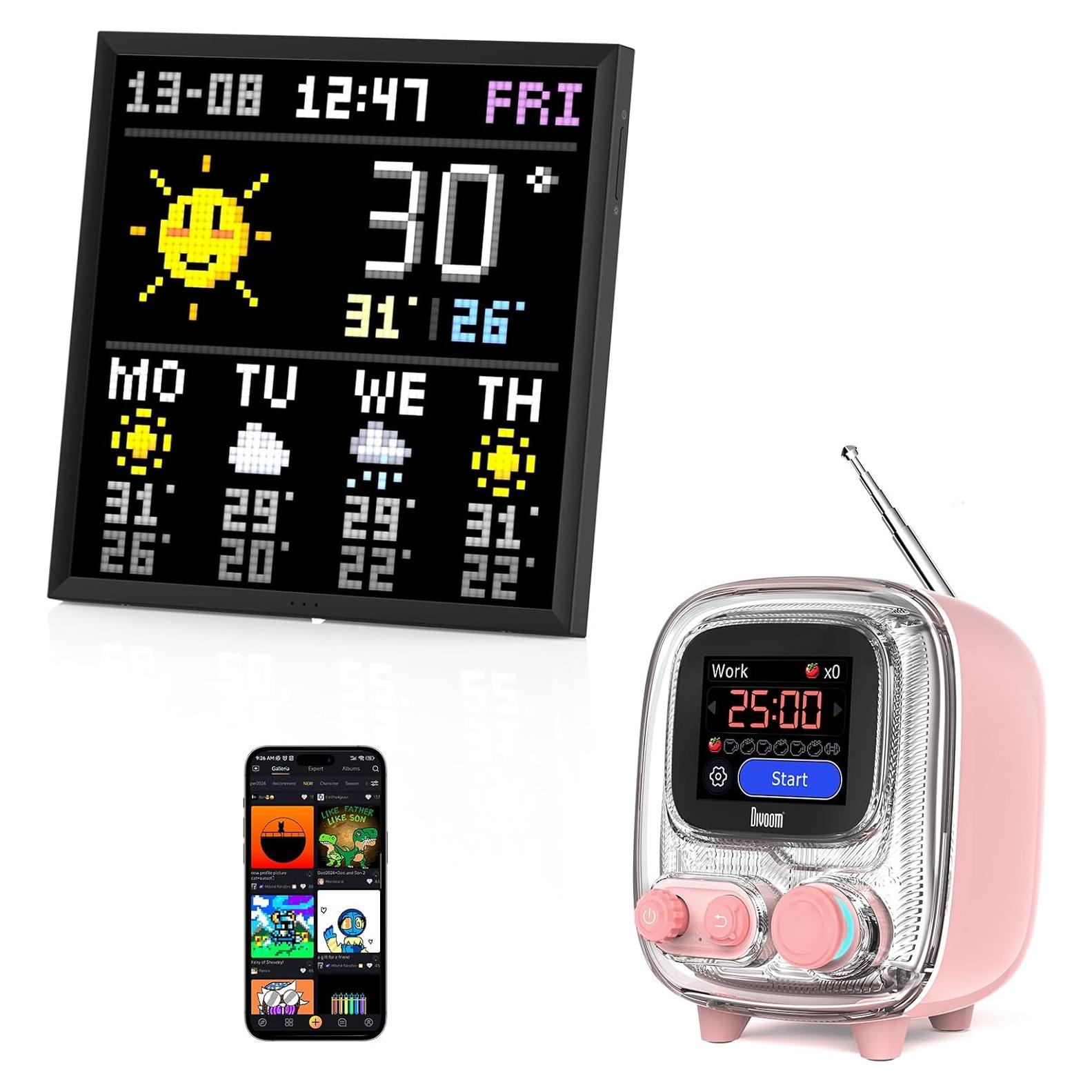 Divoom Pixoo-64 Pantalla LED 10.3" + Tiivoo-2 Altavoz Retro Rosa