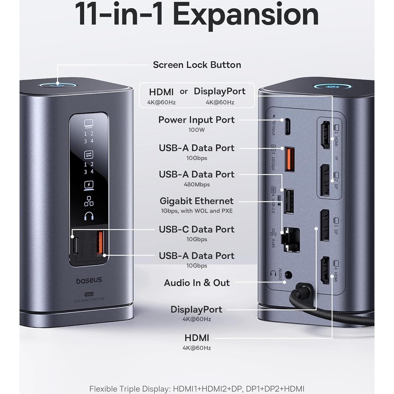Baseus Estación de Acoplamiento 11 en 1 USB-C 4K Triple Pantalla