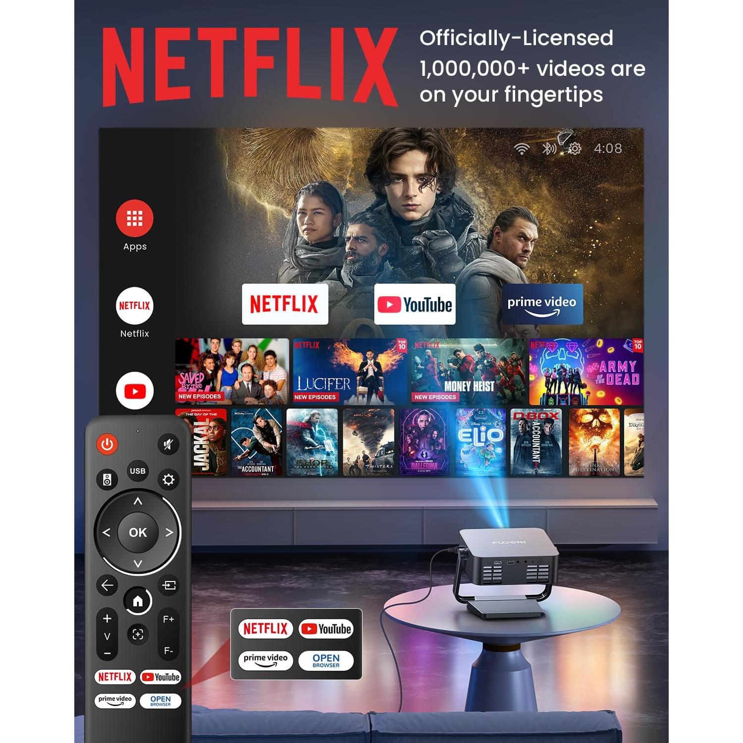 Proyector Inteligente FUDONI 4K WiFi 6 Bluetooth Full HD 1080p