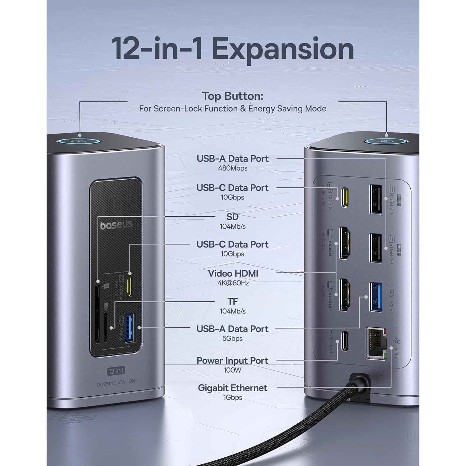 Baseus Estación de Acoplamiento 12 en 1 con Batería 30000mAh 65W