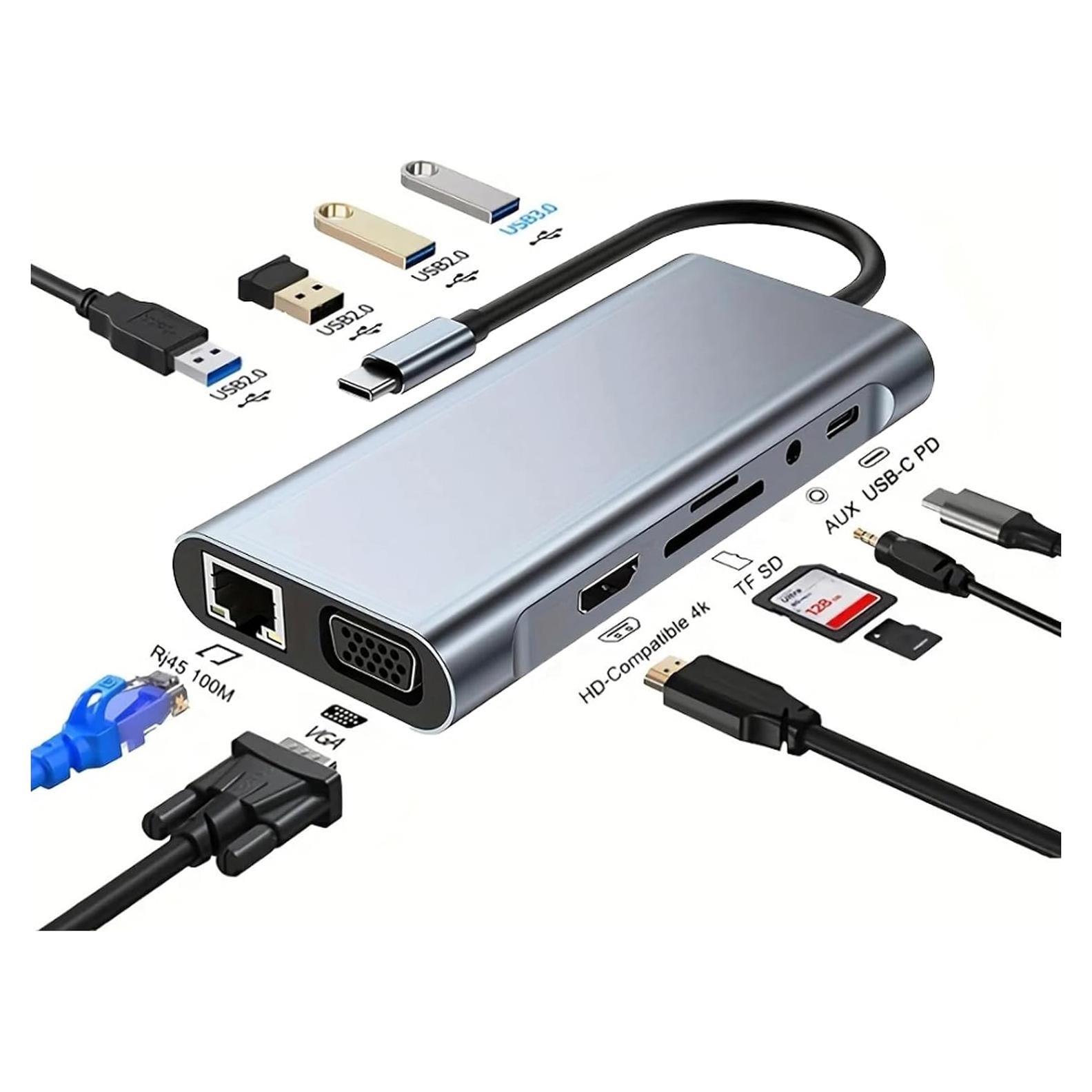 Hub USB C 11 en 1 NeucomBBT con HDMI, Ethernet, 4 USB, VGA