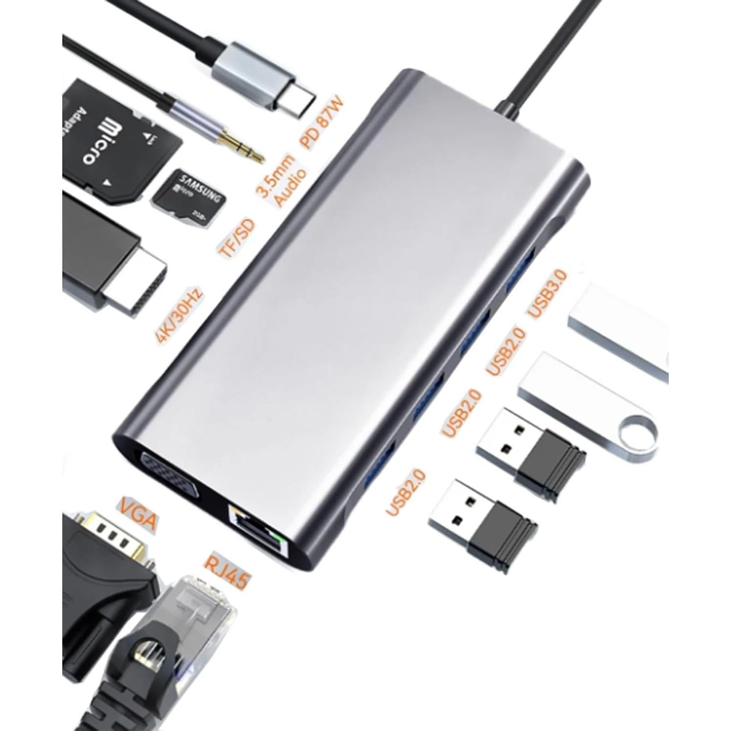 Hub USB C 11 en 1 NeucomBBT con HDMI, Ethernet, 4 USB, VGA