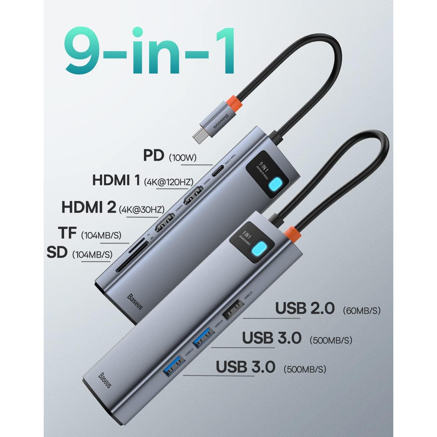Baseus Hub USB C 9 en 1 con 2 HDMI 4K 120Hz y Cargador 65W
