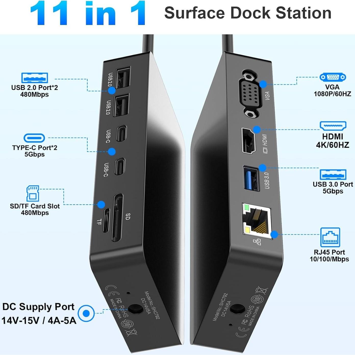 Dock Microsoft Surface Pro 11 en 1 HDMI 4K VGA 72W