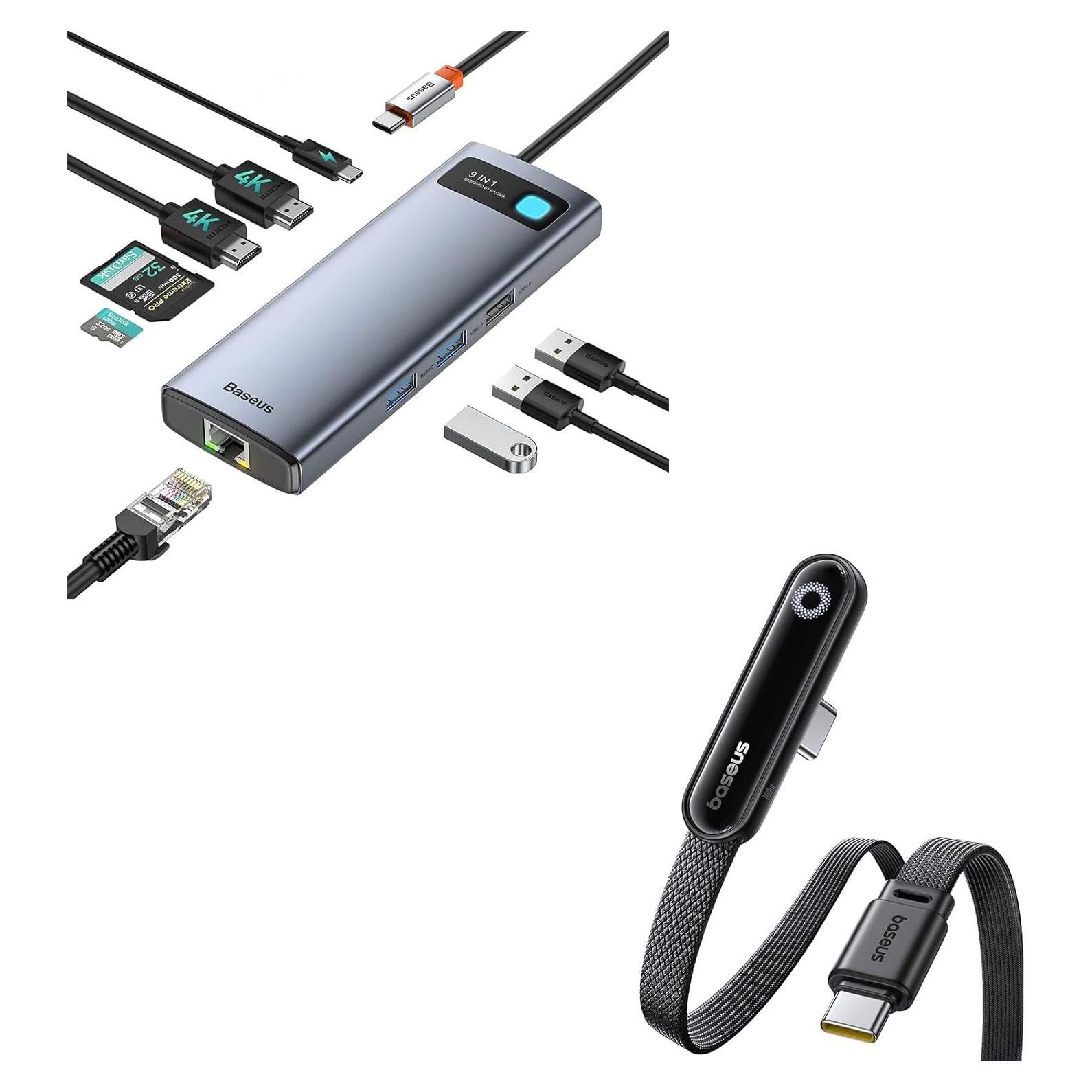Baseus Hub USB C 9 en 1 con Doble Monitor 4K 120Hz y Cable 100W
