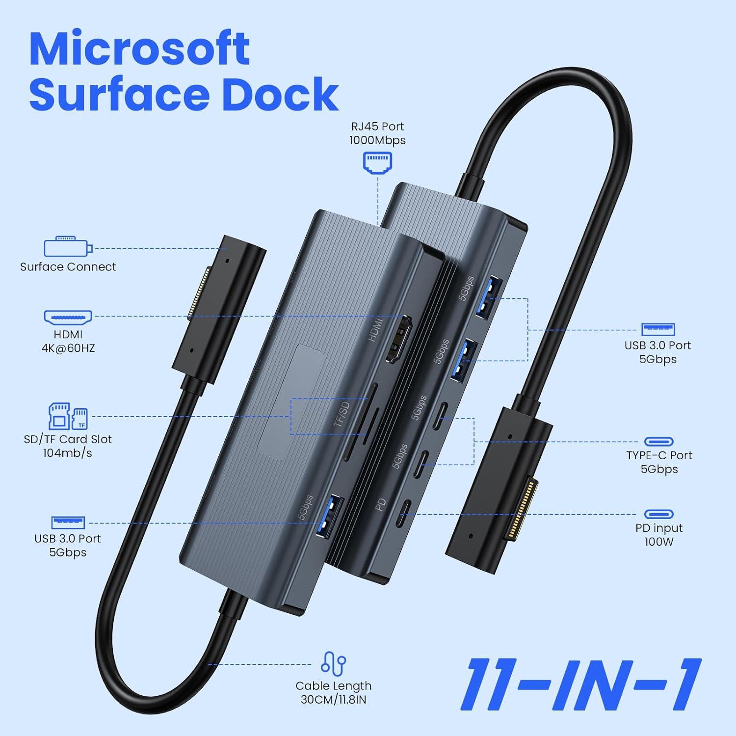 Microsoft Surface Dock 11 en 1 HDMI 4K Hub de Viaje