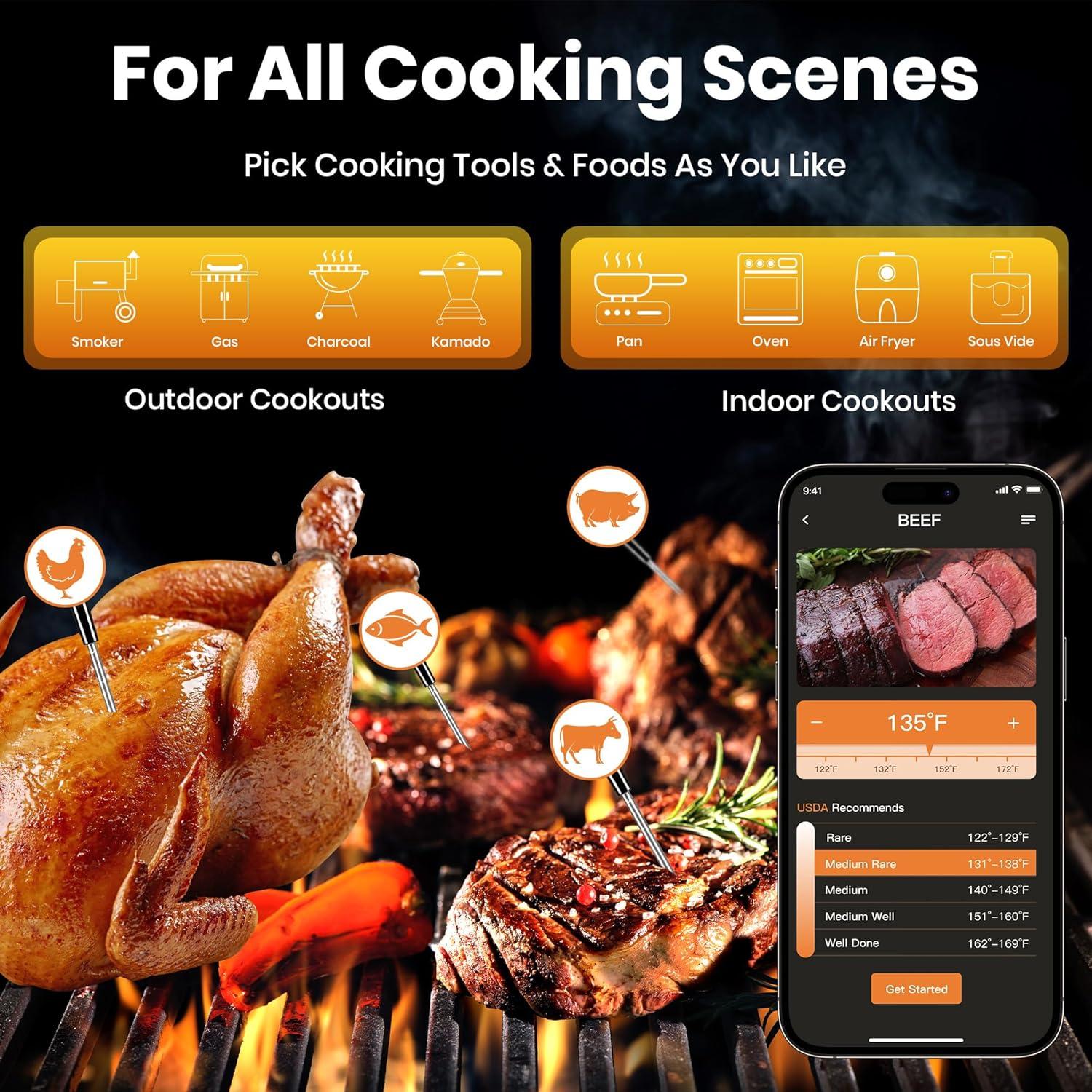 Termómetro de Carne Inalámbrico GMGH Pro | 4 Probetas | Pantalla LCD