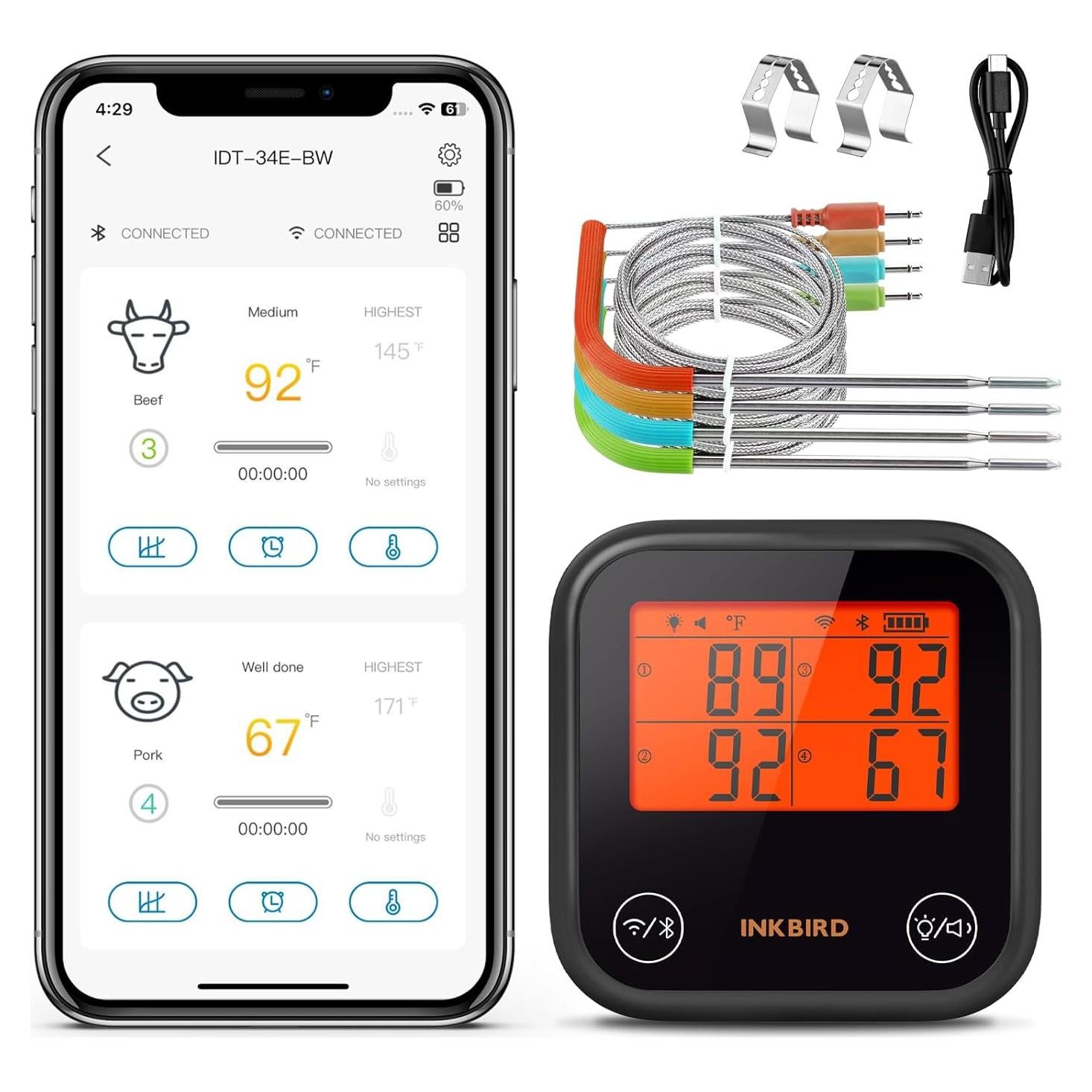 Termómetro de Carne INKBIRD IB-0822-BO, 4 Probes, Bluetooth y WiFi