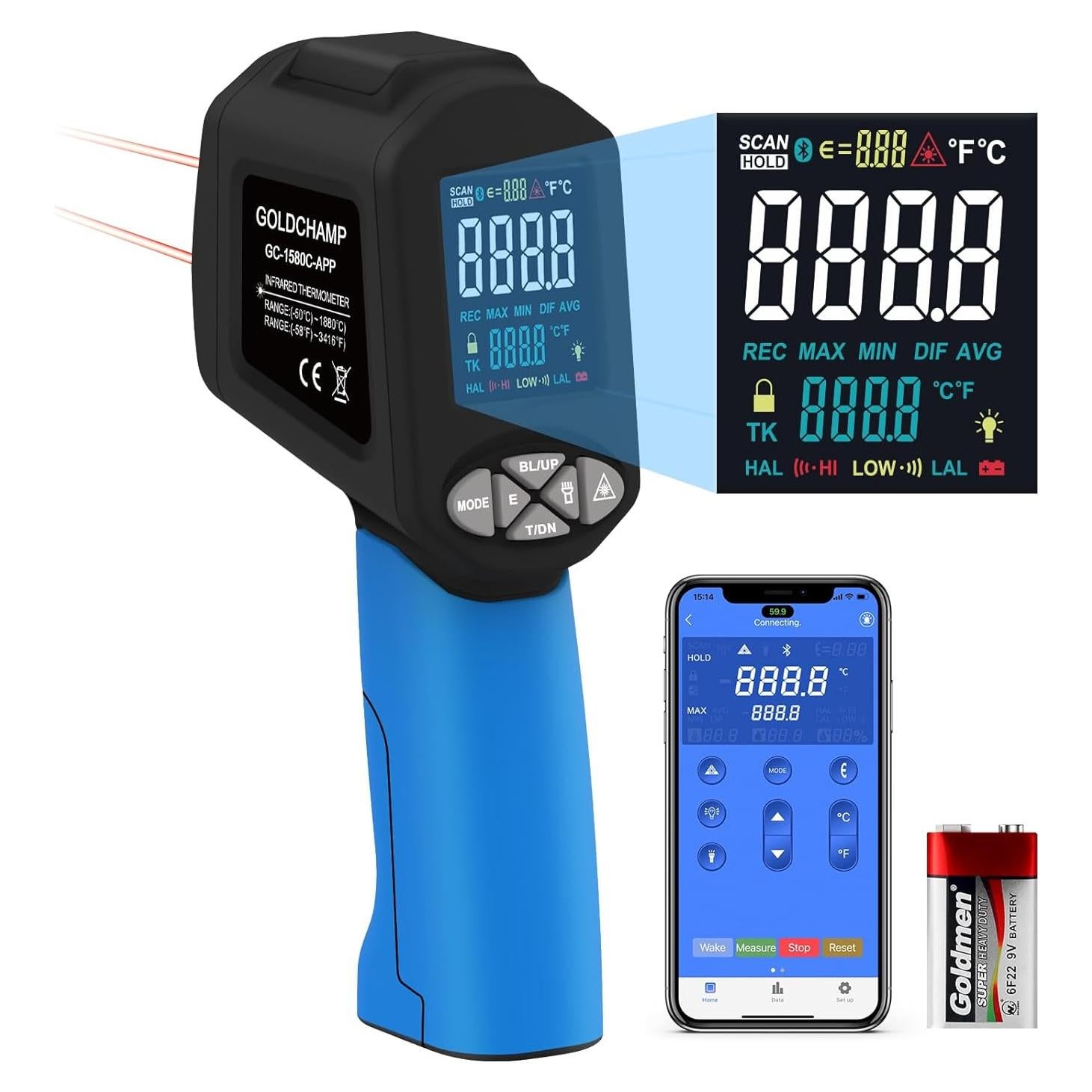 Termómetro Infrarrojo Bluetooth GOLDCHAMP GC-1580C-APP -50 a 1580°C