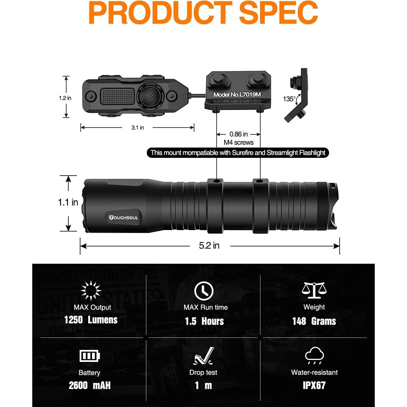 Linterna Táctica TOUGHSOUL 7019M 1250 Lúmenes Recargable