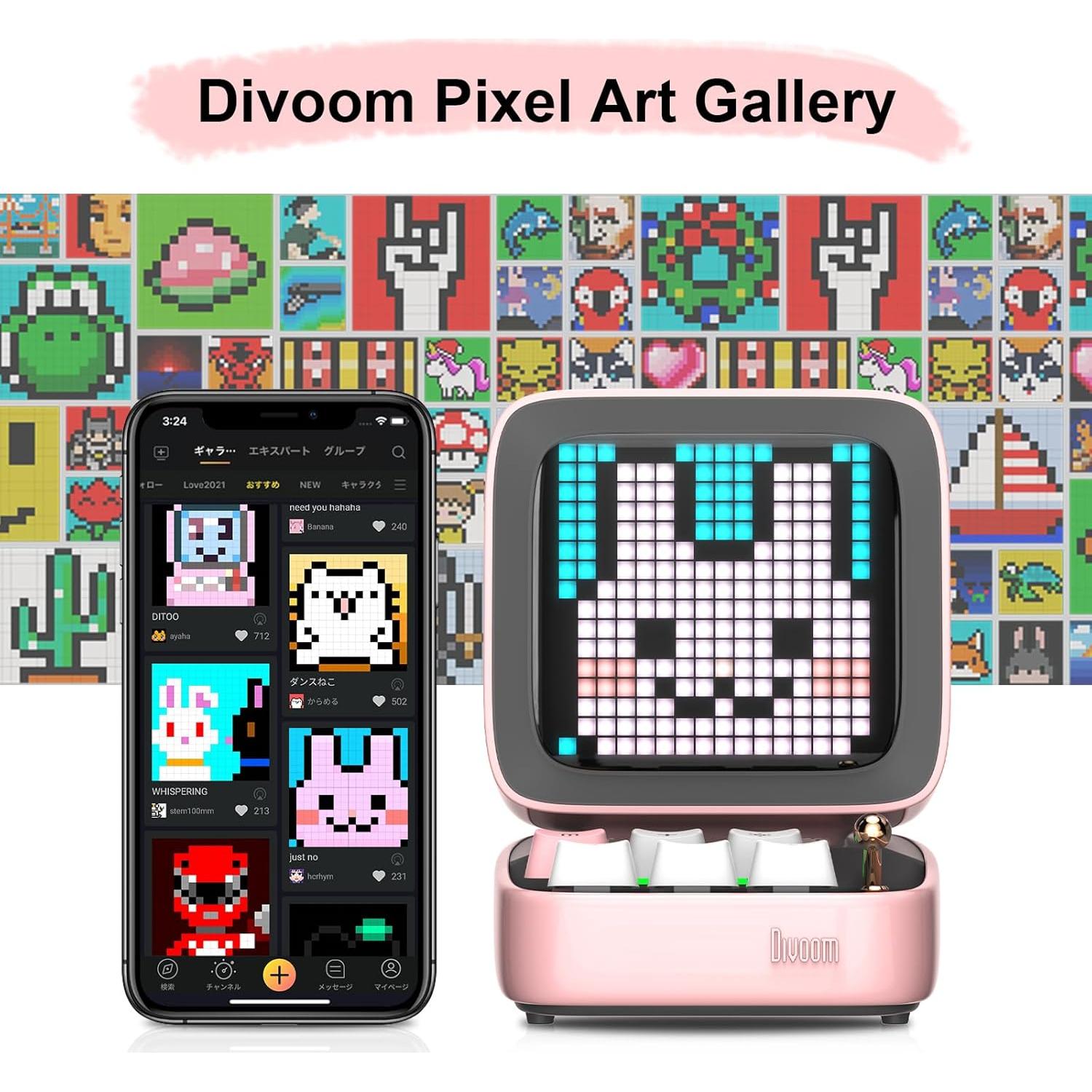 Divoom Ditoo Rosa + Times Gate Rosa - Altavoz Bluetooth y Reloj Digital