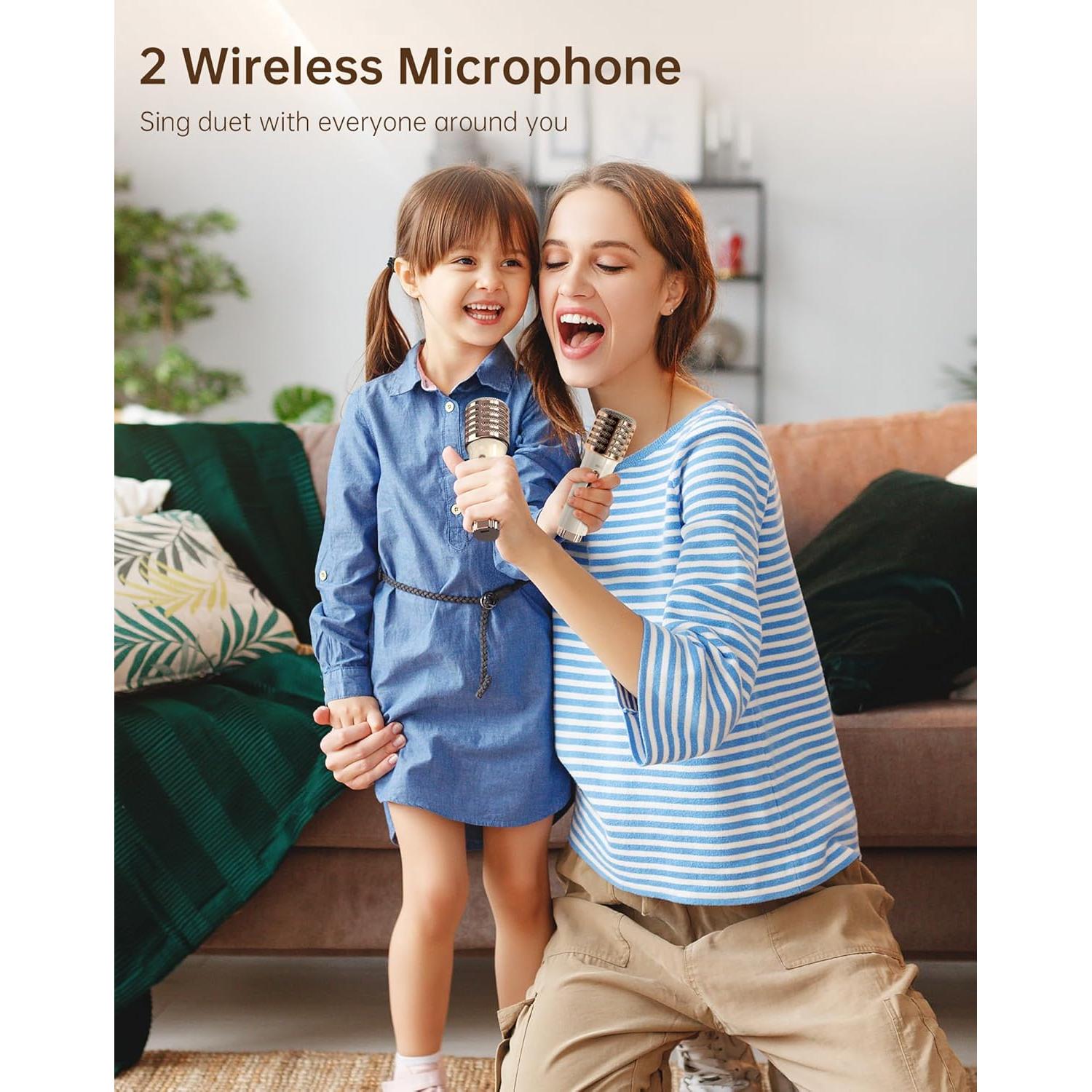 Songbird-HQ2 Karaoke Machine with 2 Wireless Microphones,50W Sound Bluetooth Speaker for Adults Girls Boys,Audio Mixer Karaoke System for Home Outdoor,Support TF/AUX/USB,Gift for All Ages