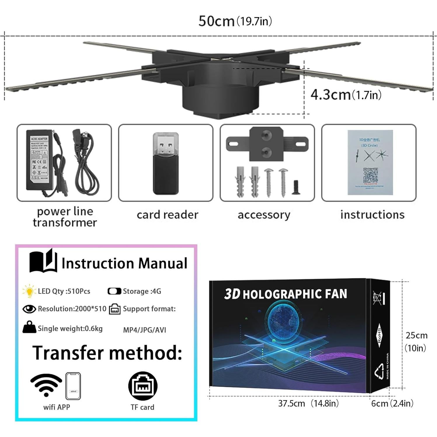 Ventilador Holográfico 3D YSTEROKS 50cm LED Alta Definición