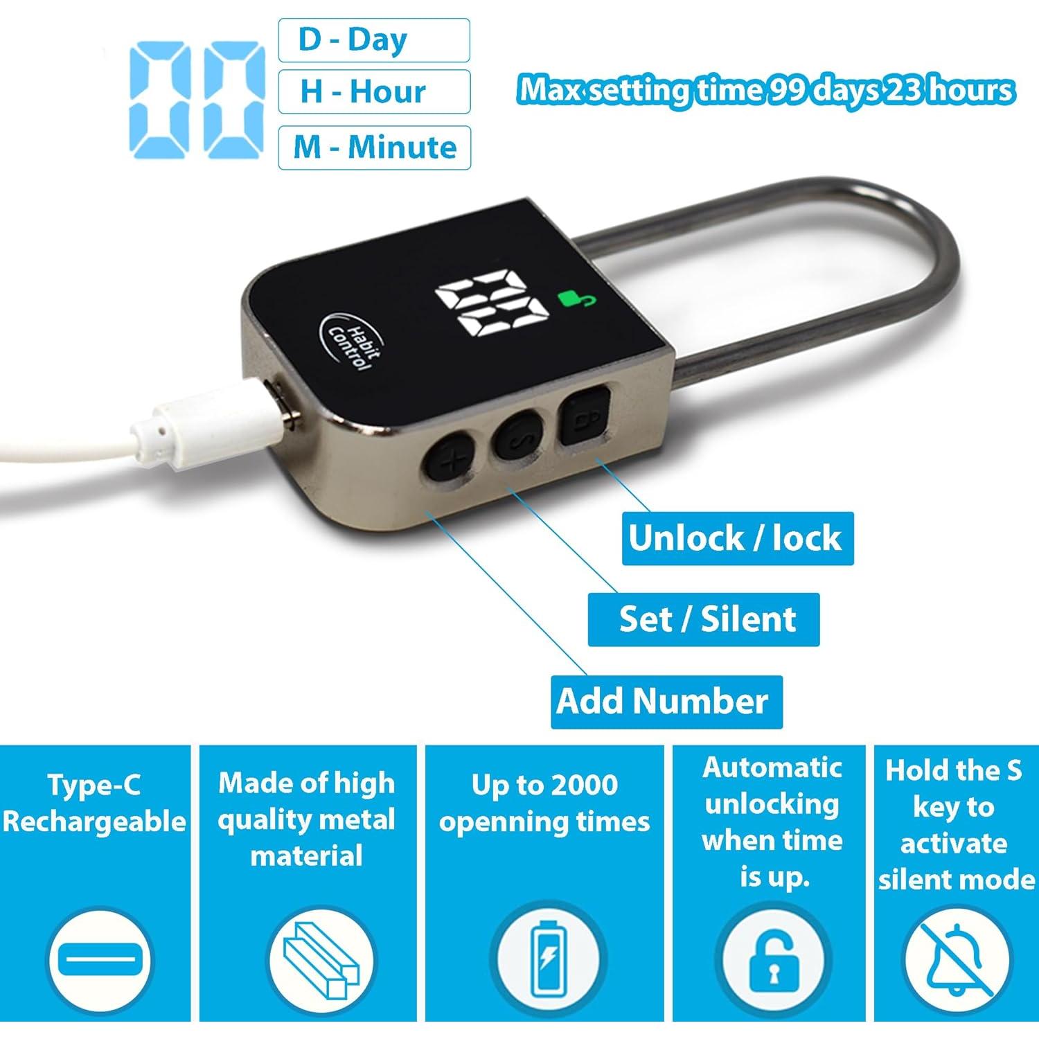 Candado Temporizador Control de Hábitos Metal Plateado 150g