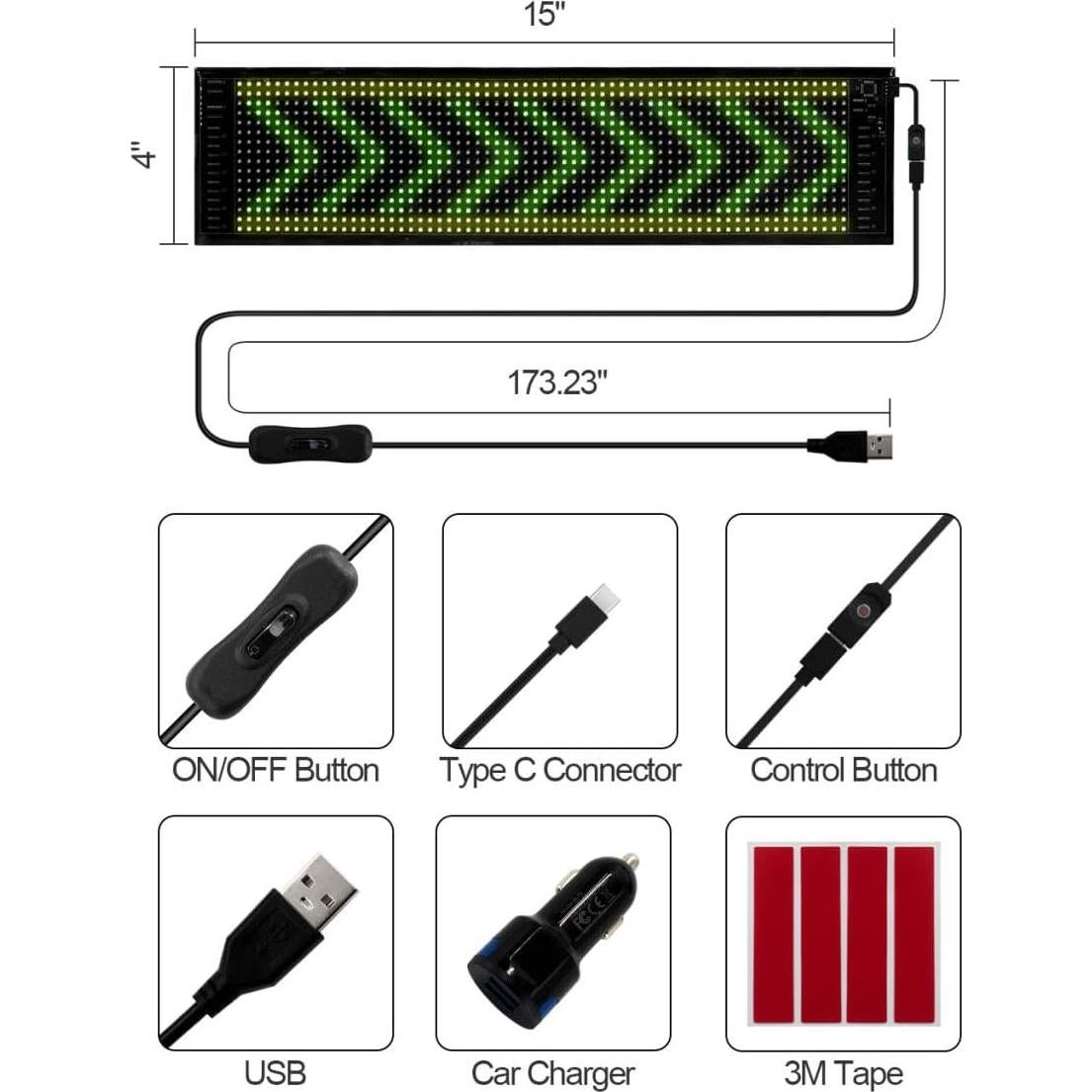 Cartel LED Programable 15x4" HOIOS RGB USB para Coche
