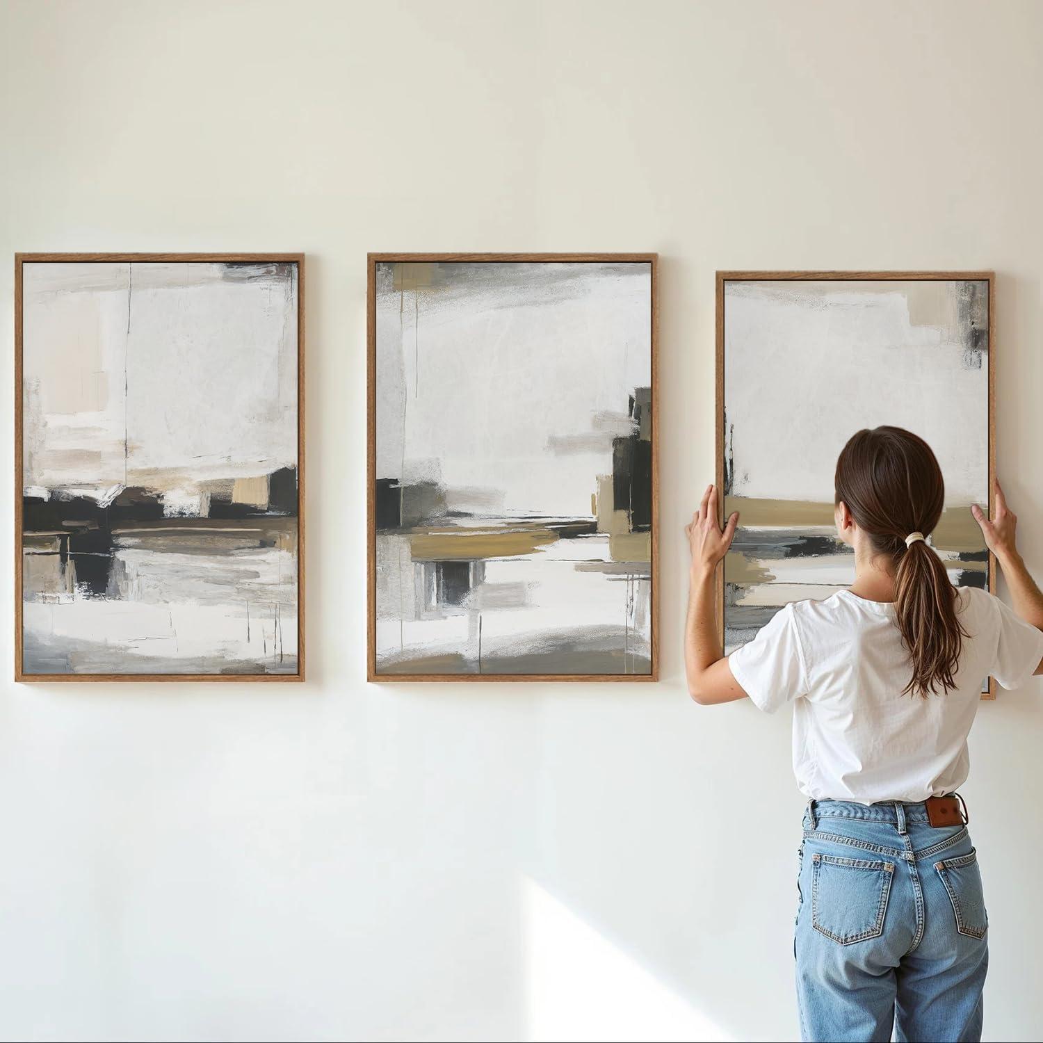 Set de Arte en Lienzo Enmarcado Beige Abstracto SIGNINART 3 Piezas