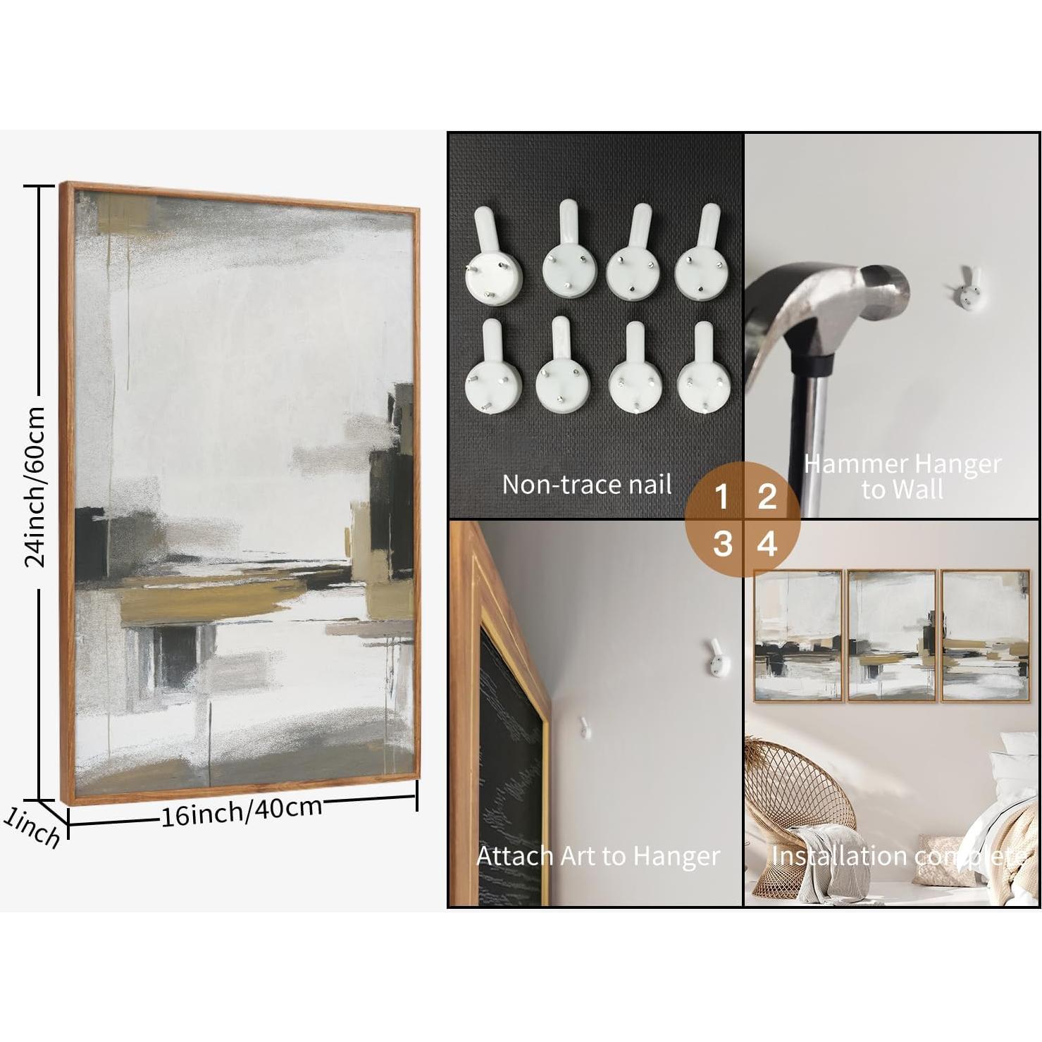 Set de Arte en Lienzo Enmarcado Beige Abstracto SIGNINART 3 Piezas