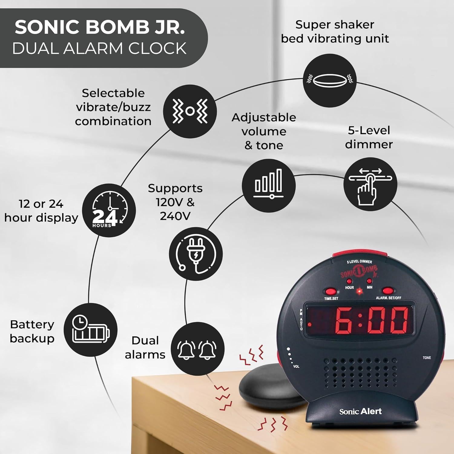 Reloj Despertador Digital Sonic Alert SBJ525SS con Snooze