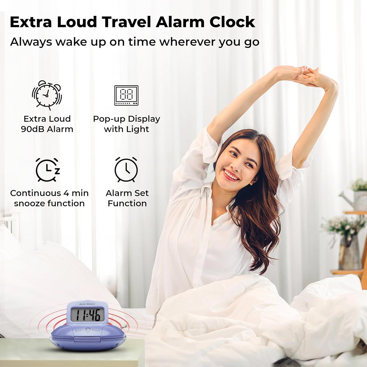 Reloj Despertador Digital Sonic Alert Púrpura Compacto con Vibración