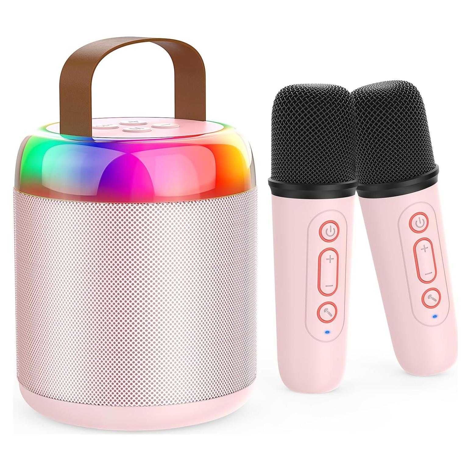 Mini Máquina de Karaoke Bluetooth Rosa con 2 Micrófonos