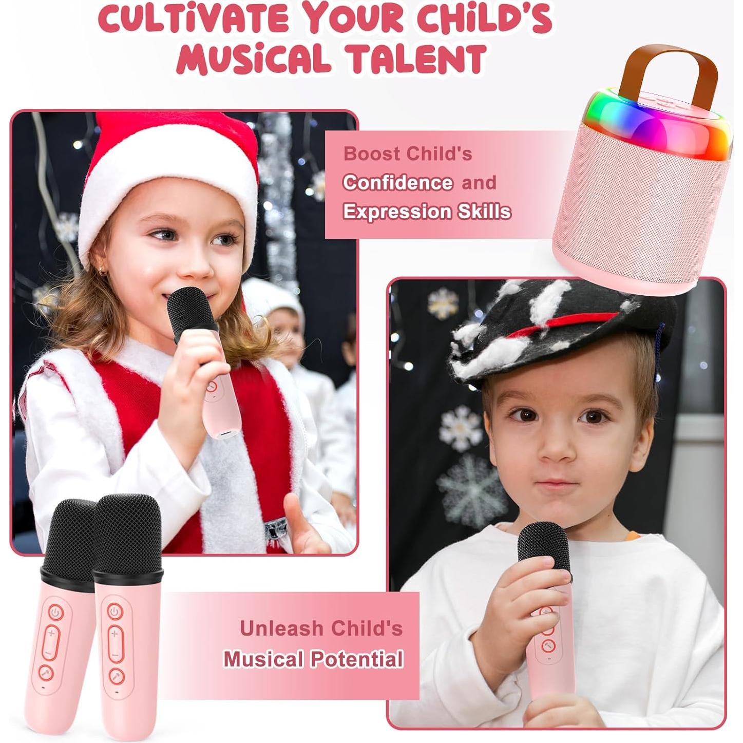 Mini Máquina de Karaoke Bluetooth Rosa con 2 Micrófonos