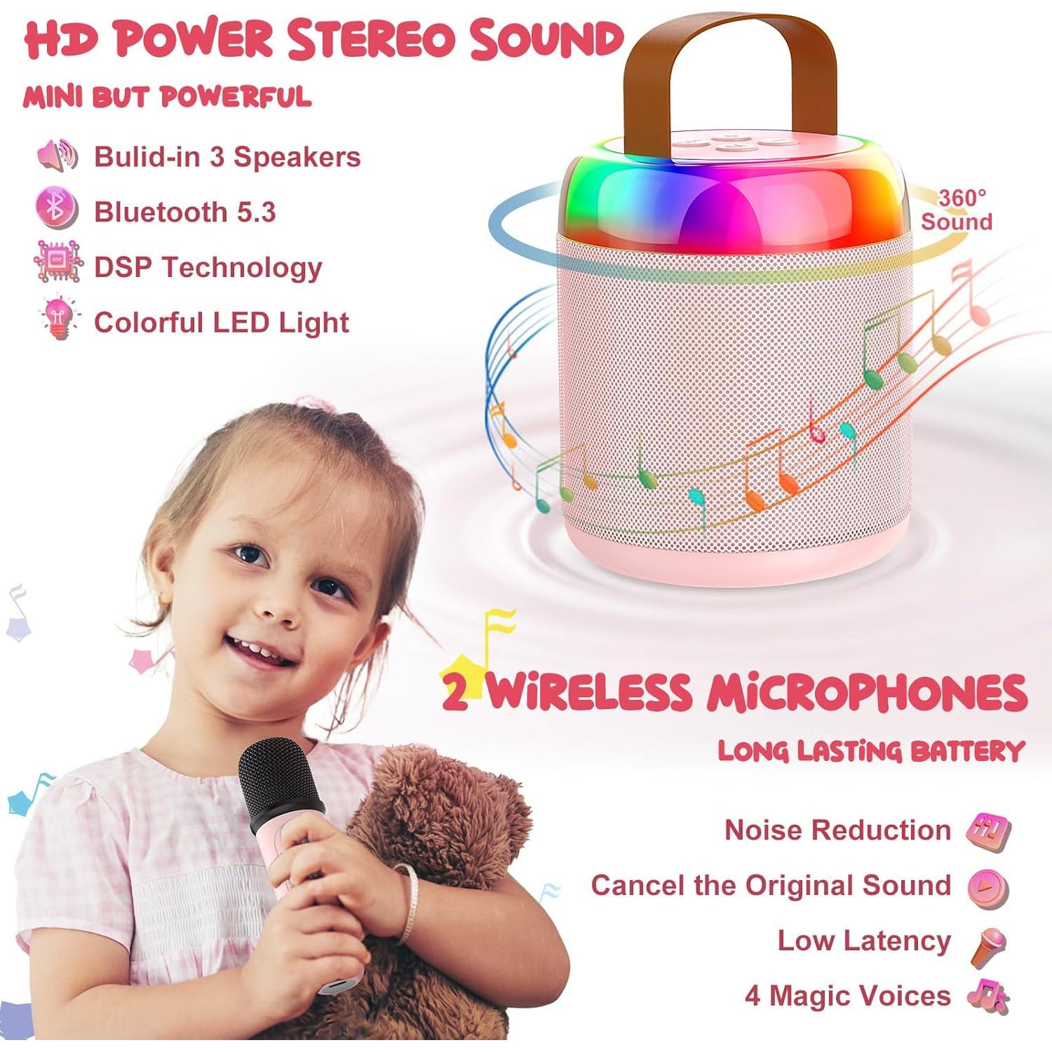 Mini Máquina de Karaoke Bluetooth Rosa con 2 Micrófonos