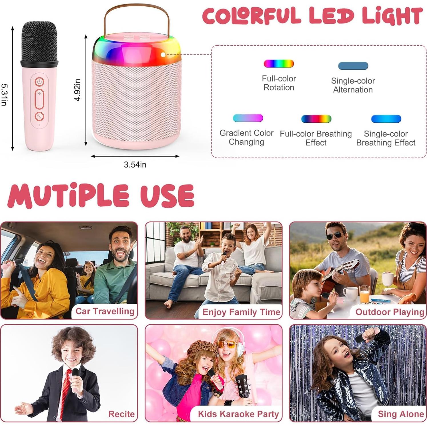 Mini Máquina de Karaoke Bluetooth Rosa con 2 Micrófonos