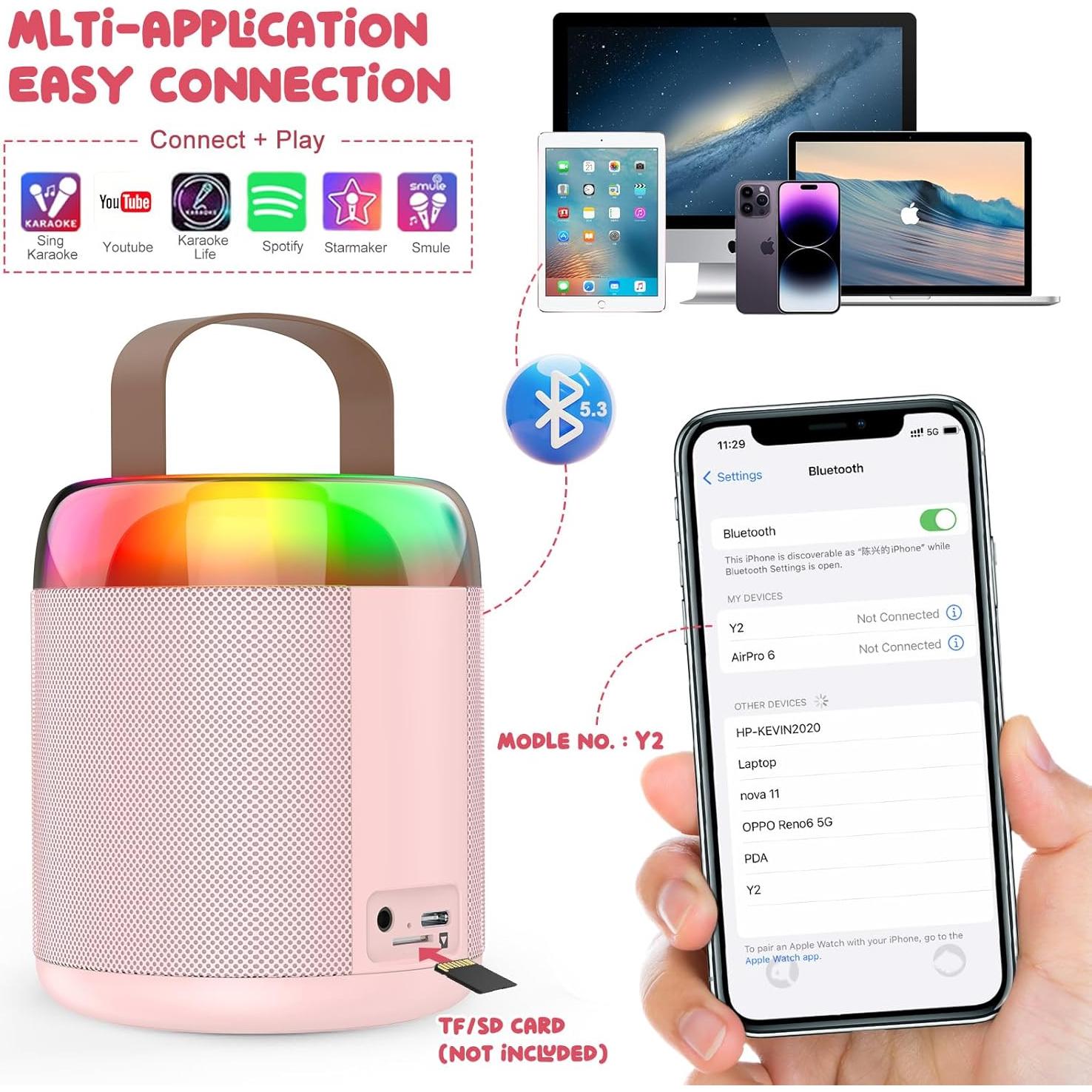 Mini Máquina de Karaoke Bluetooth Rosa con 2 Micrófonos