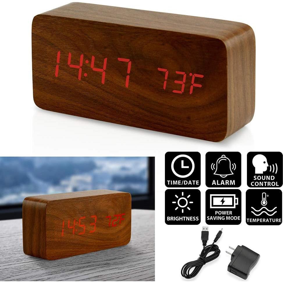 Reloj Despertador Digital OCT17 de Madera con Luz LED