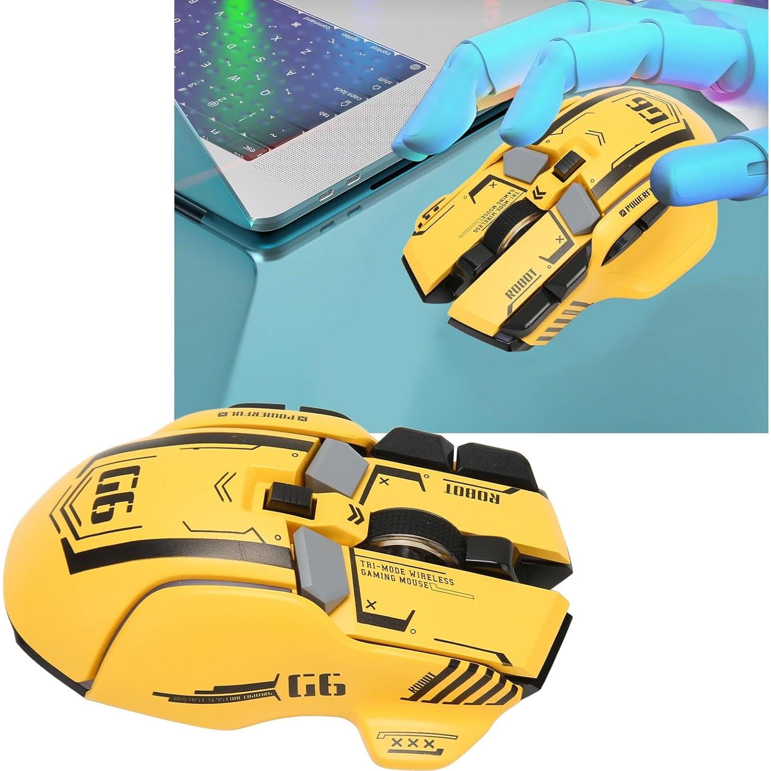 Ratón Gaming Heayzoki Inalámbrico RGB 3 Modos 10 Botones Amarillo