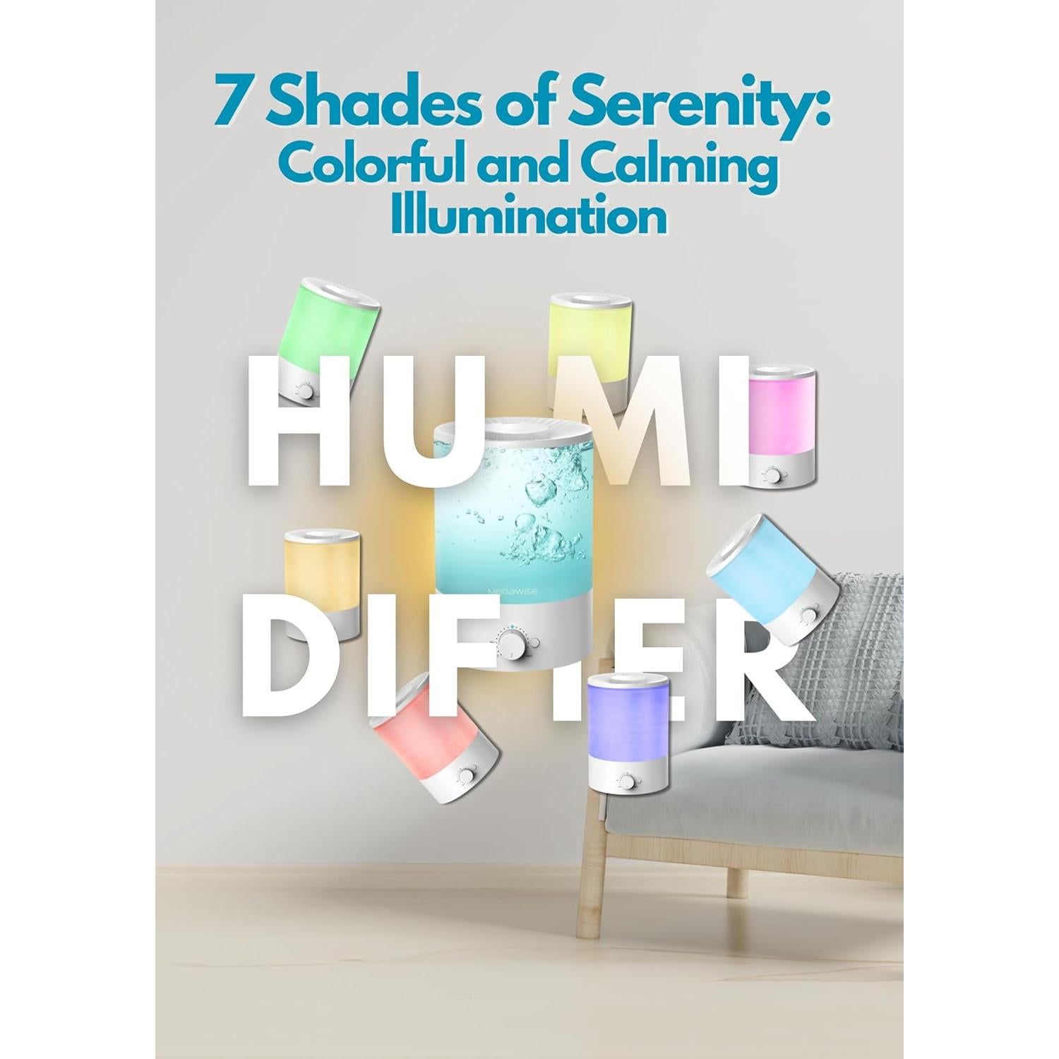 Humidificador Ultrasónico MEGAWISE 3.5L - Niebla Fría y Luz 7 Colores