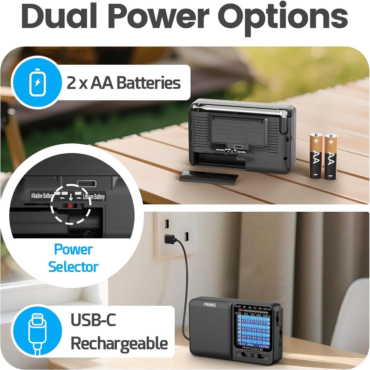 Radio Portátil PRUNUS J-711 AM/FM/SW Carga USB-C y Baterías AA