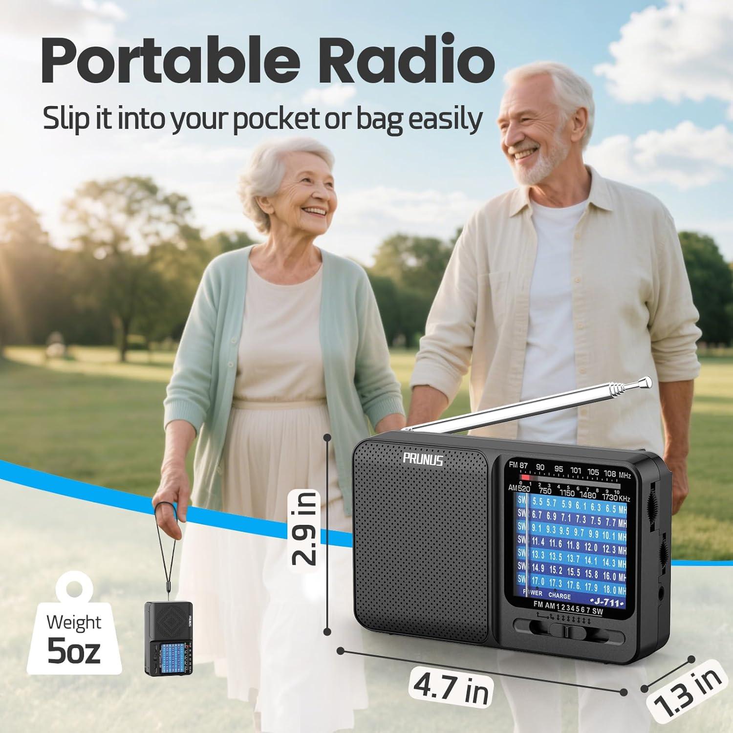 Radio Portátil PRUNUS J-711 AM/FM/SW Carga USB-C y Baterías AA