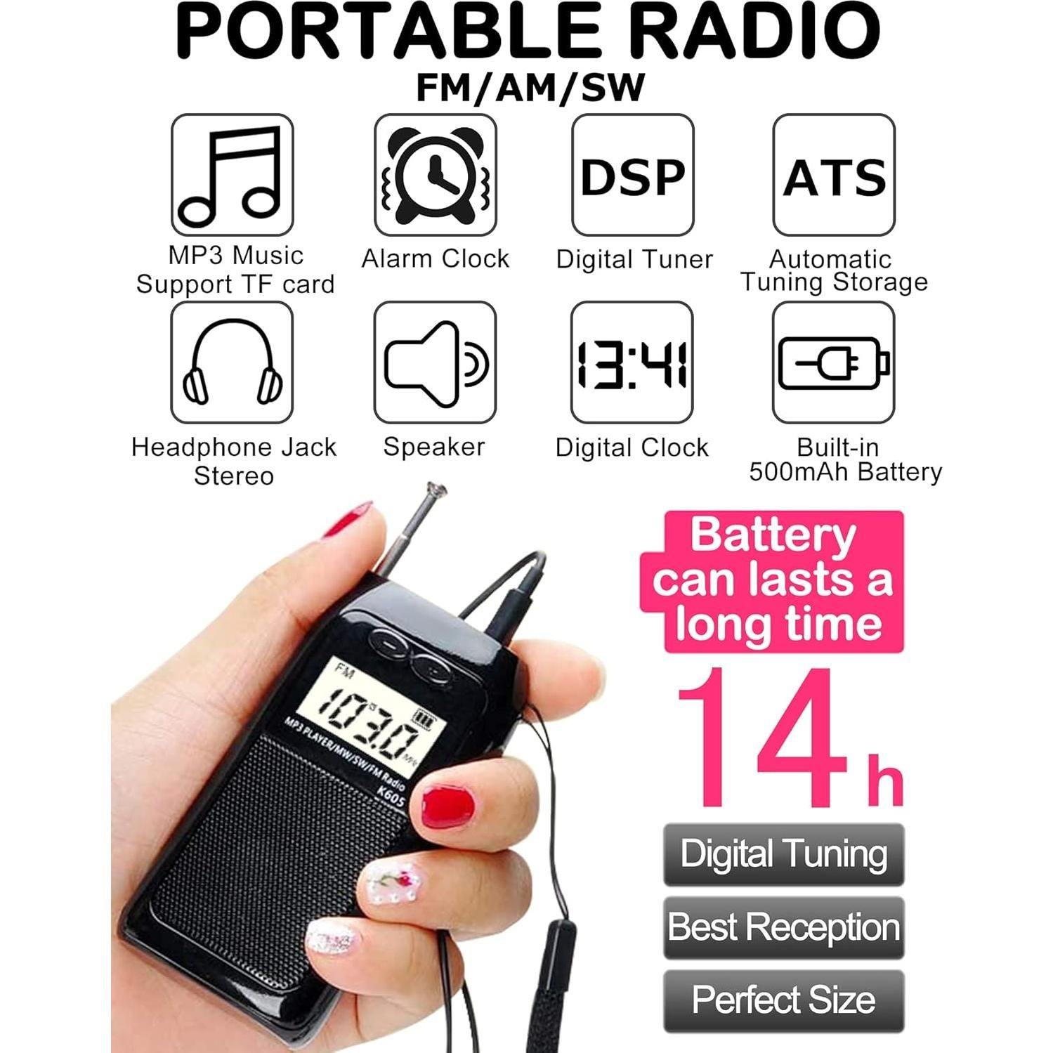 Radio Portátil FM AM Onda Corta HanRongDa HRD-605 Estéreo