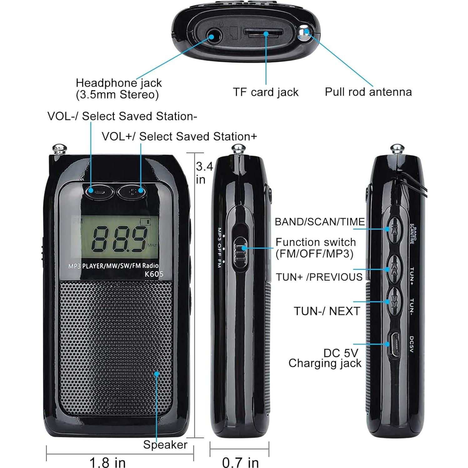 Radio Portátil FM AM Onda Corta HanRongDa HRD-605 Estéreo