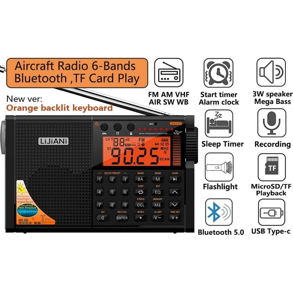 Radio de Onda Corta LIJIANI 6-Bandas con Bluetooth y Linterna