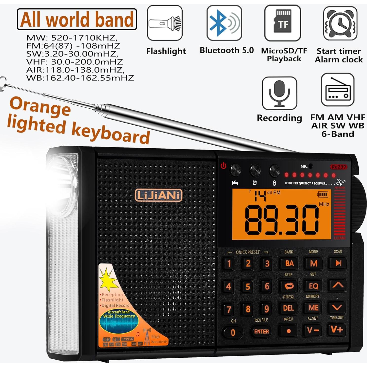 Radio de Onda Corta LIJIANI 6-Bandas con Bluetooth y Linterna